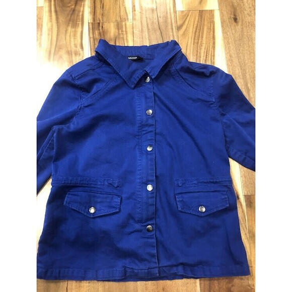 41 HAWTHORN Stitch Fix bright blue jacket zipper and snap floral piping inside - Picture 2 of 6